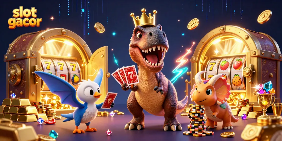 Experience the excitement of slot gacor with a cartoon dinosaur-themed casino illustration filled with vibrant symbols.