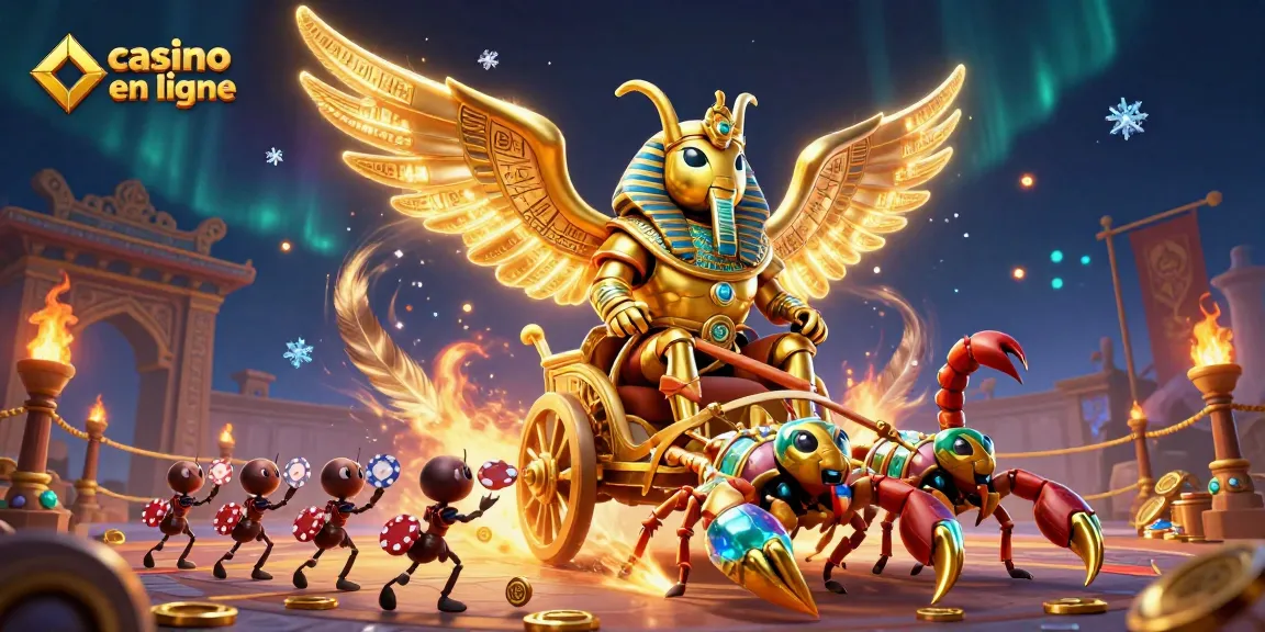 Illustration dynamique de casino en ligne avec un scarabée doré colossal et des éléments de jeu.