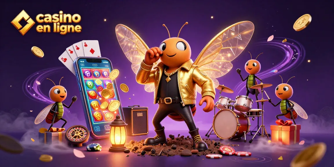 Le cicada rock star du casino en ligne émerge avec des éléments de jeu colorés comme des pièces d'or et des cartes.
