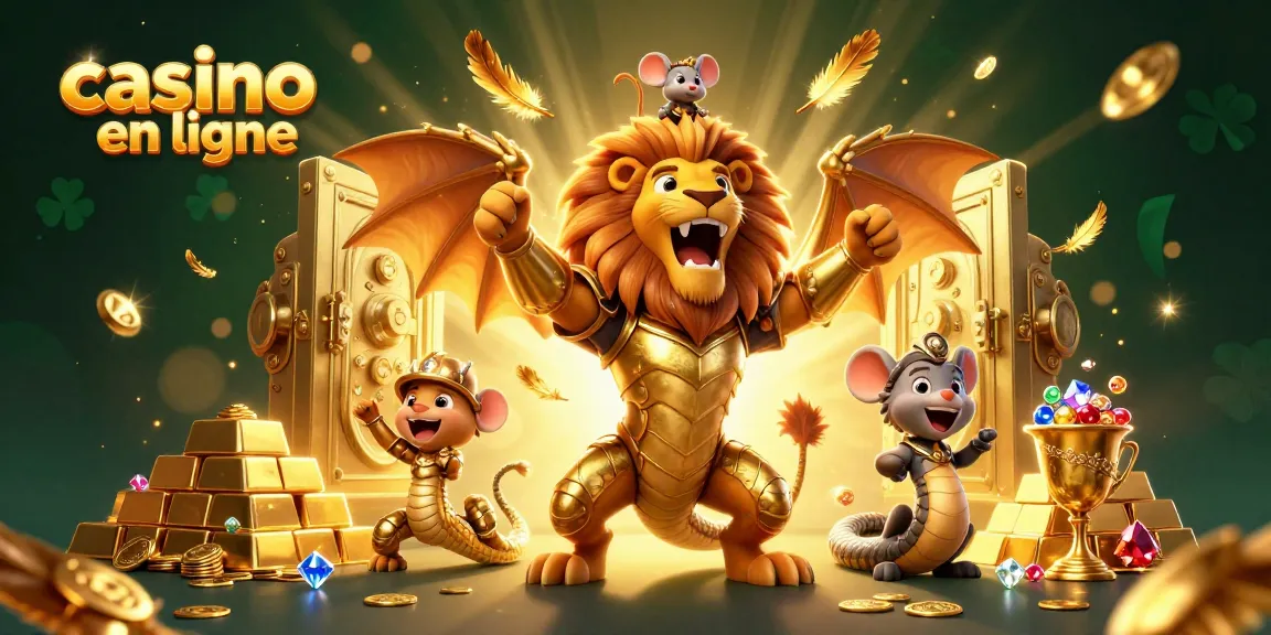Une illustration 3D animée captivante de casino en ligne avec une chimère, une souris, et des trésors scintillants