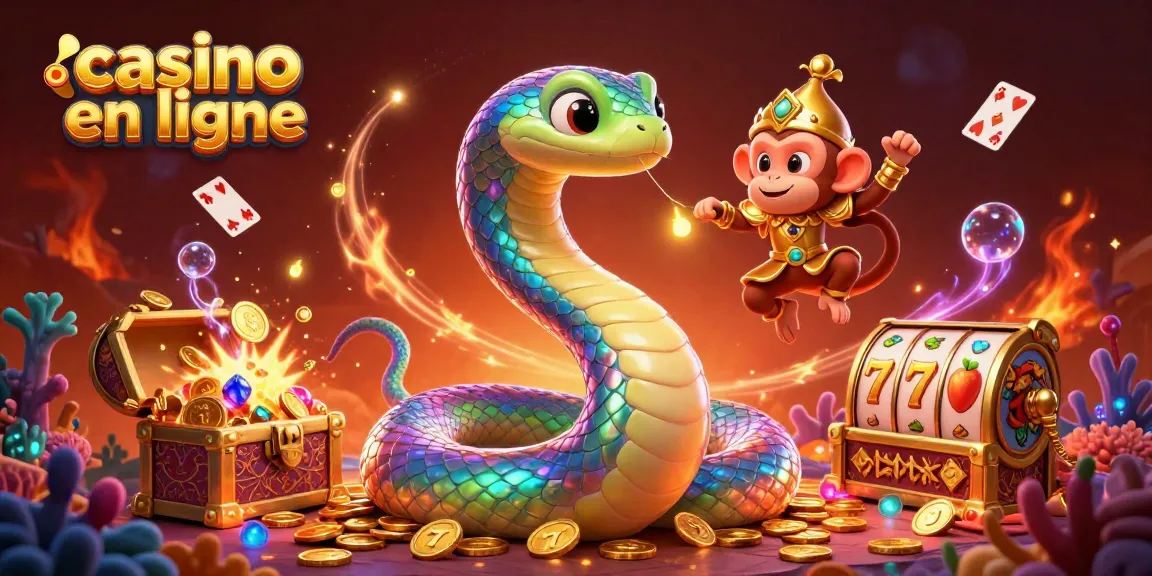 Plonger dans un univers de casino en ligne avec un serpent arc-en-ciel scintillant et des éléments de jeu.