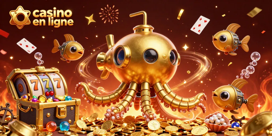 Profitez du casino en ligne avec des cartes flottantes et un kraken émergent des pièces d'or.