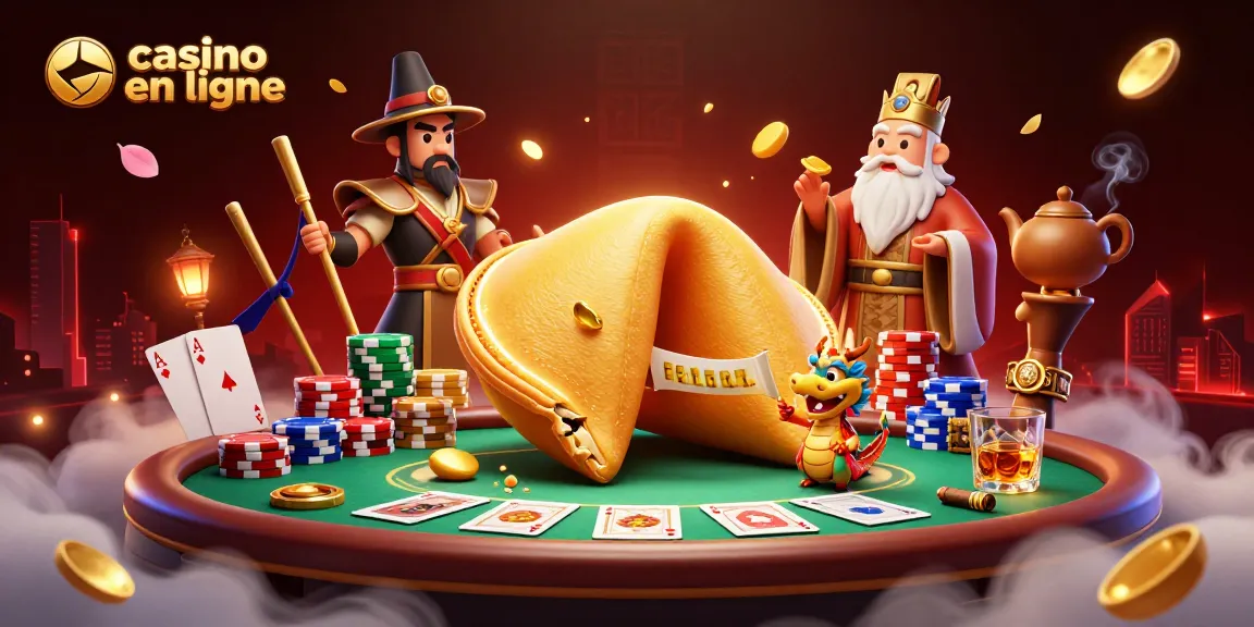 Célébrez vos gains au casino en ligne avec un dragon sage et un cookie d'or dans un monde de poker animé.
