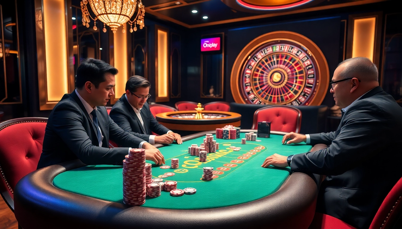 Engage in thrilling gameplay at Onicplay's luxurious poker table with professional players and polished chips.
