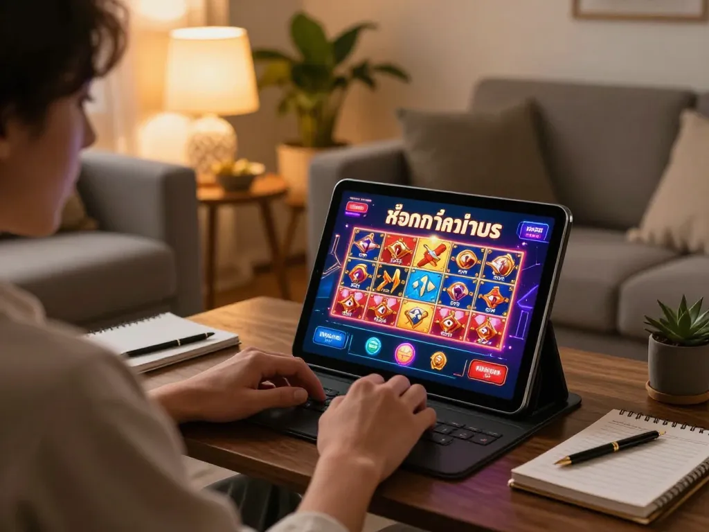 Experience สล็อตทดลอง on a tablet as a player engages in online gambling with strategic notes in a cozy setting.