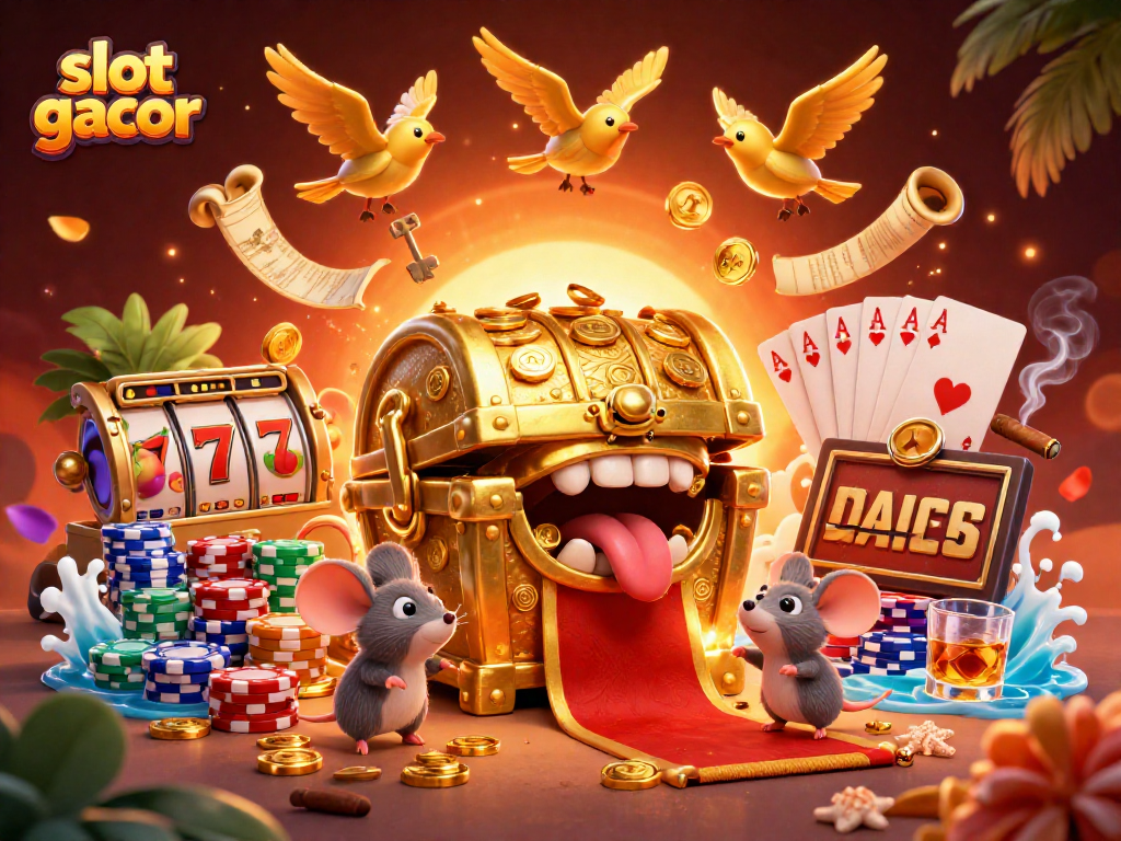 Engage with slot gacor in a vibrant 3D casino scene featuring rich game elements and treasure.