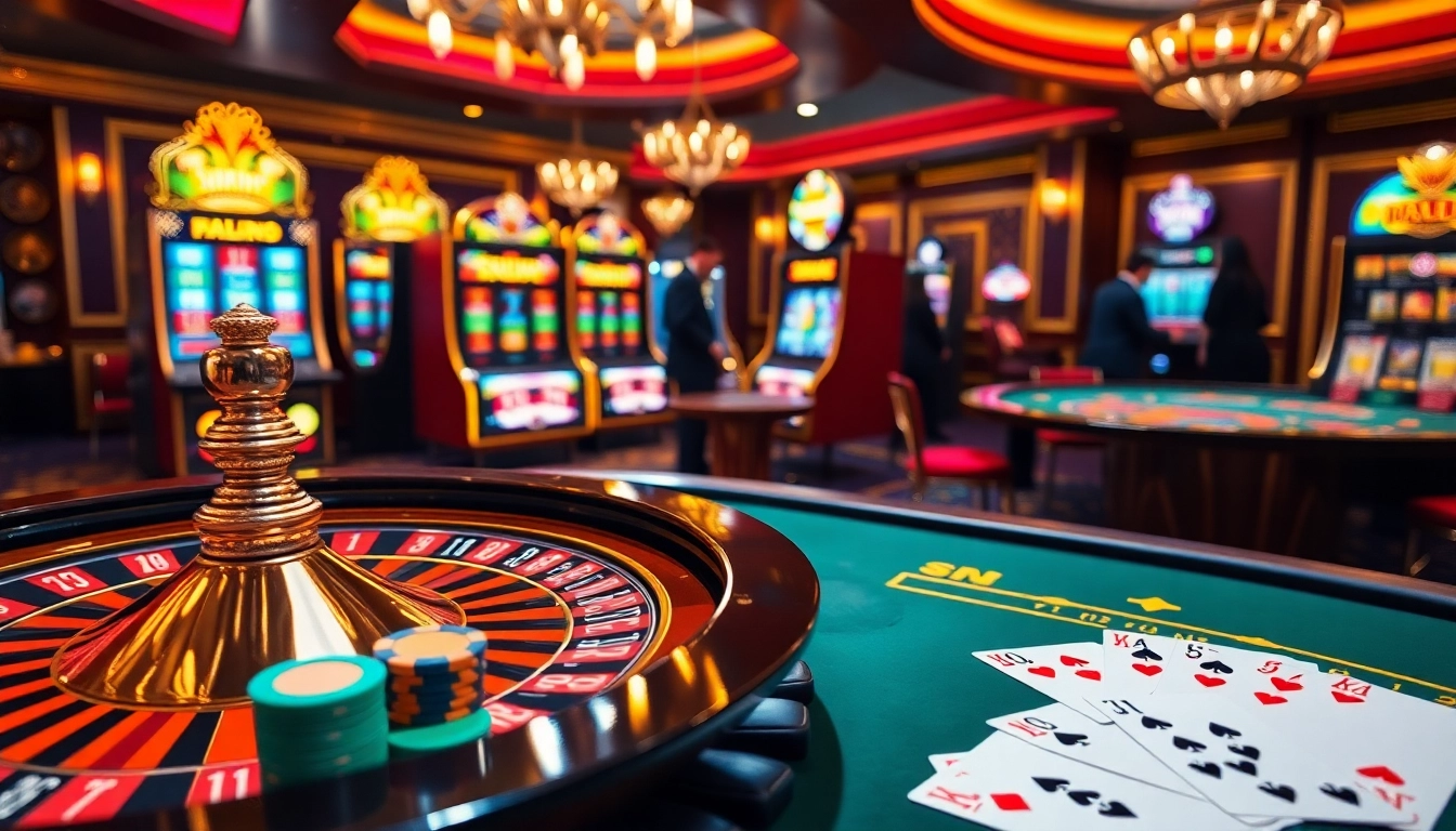 Vivez l'excitation du casino fiable en ligne avec des machines à sous vibrantes et une roue de roulette dans un cadre luxueux.