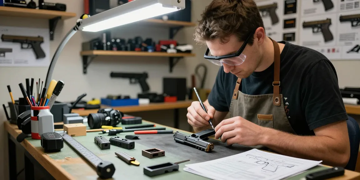Glock slide customization process at https://precisionglockslides.com with tools and expert gunsmith in action