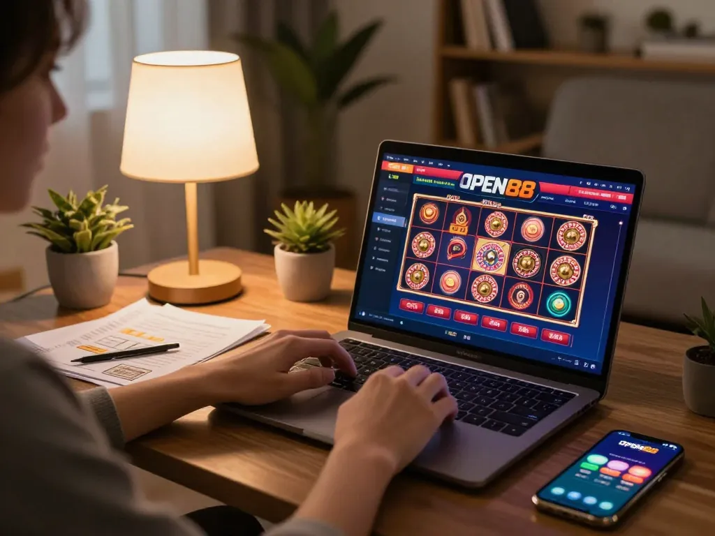 Engaging in online casino gameplay with open88, showcasing an immersive gaming setup and strategy notes.