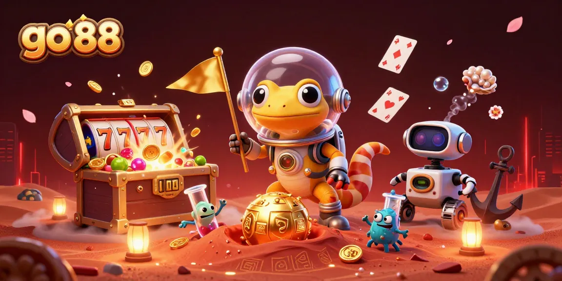 Spin the reels for jackpots in a vibrant go 88 casino scene with Martian gecko and robot sidekick.