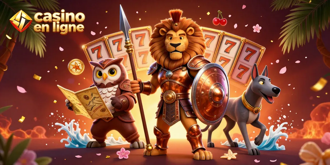 Jouez au casino en ligne avec cette illustration vibrante représentant des personnages fantastiques et des éléments de jeu captivants.