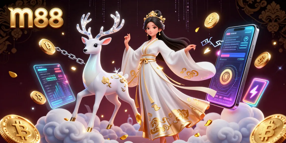 M88 offers an engaging casino environment with a beautiful Asian woman and 3D elements of cryptocurrency.