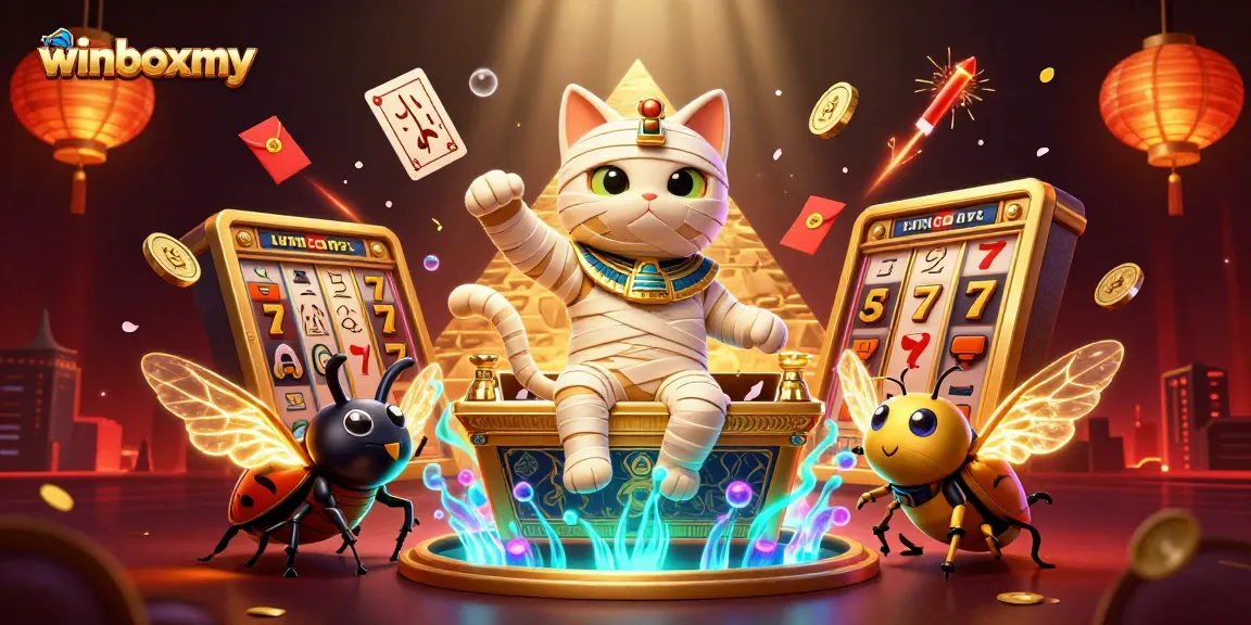 Experience the excitement of winboxmy with a vibrant 3D illustration of casino adventures featuring a mummy cat and scarab.