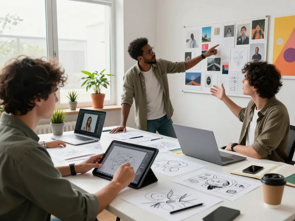Dynamic scene of digital creators using an image to prompt generator in a collaborative workspace.
