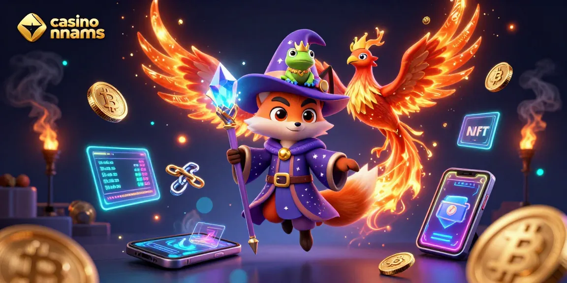 Cattura l'azione nei casino non AAMS con un mago 3D e una fenice, circondati da simboli di criptovaluta in un ambiente magico.
