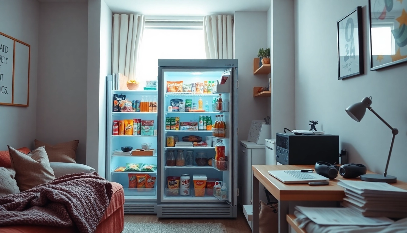 Organized dorm room fridge filled with snacks and drinks, ideal for students.