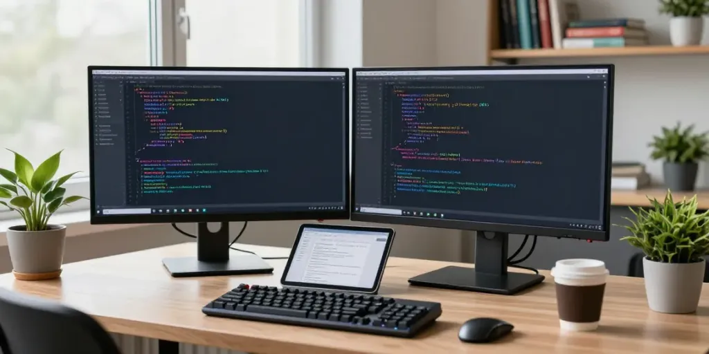 Developer using Notepad++ with dual monitors and coding tools in a bright workspace