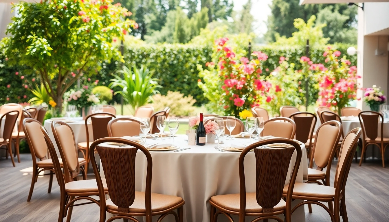Transform your gathering with stunning Table & Chair Rentals set elegantly in a garden.