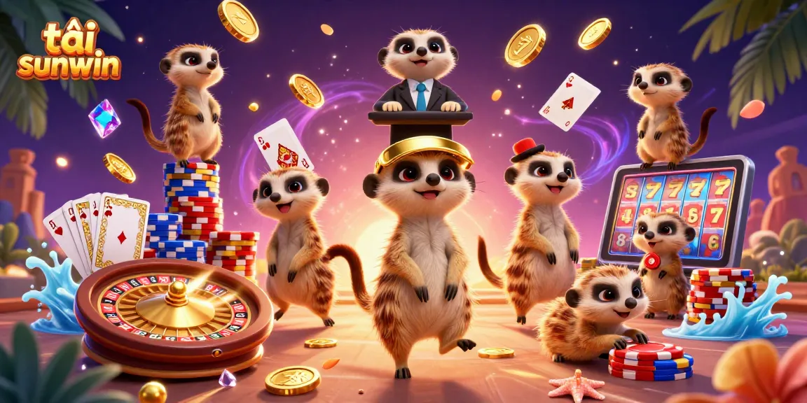 Engage in fun and excitement with tải sunwin through a vibrant casino scene featuring animated meerkats.