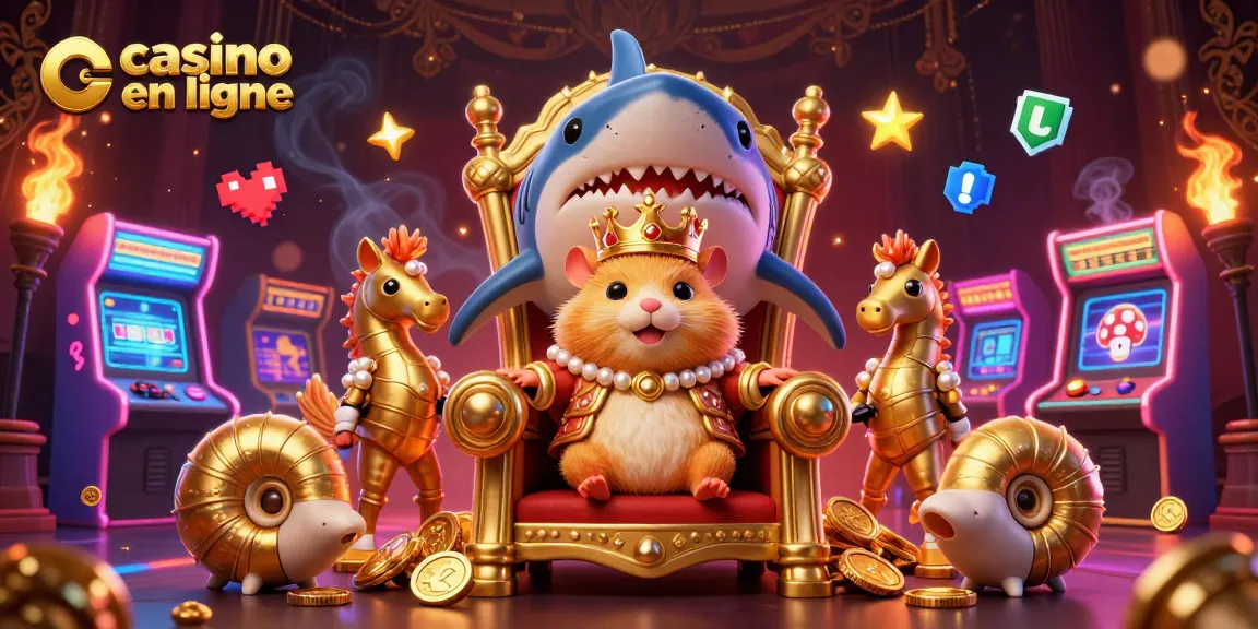 Un roi hamster doré au trône évoque le casino en ligne avec des gardes et des machines à sous.