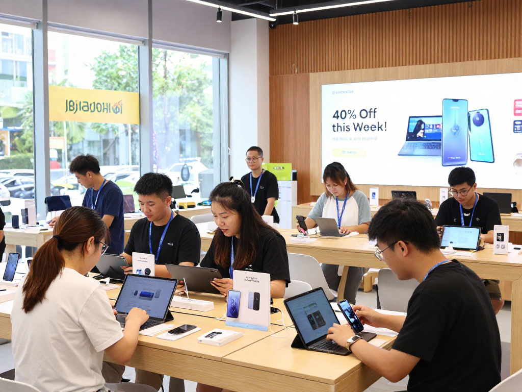 Shoppers engaged with ROKOK88 slot login electronics in vibrant store, showcasing global sourcing.