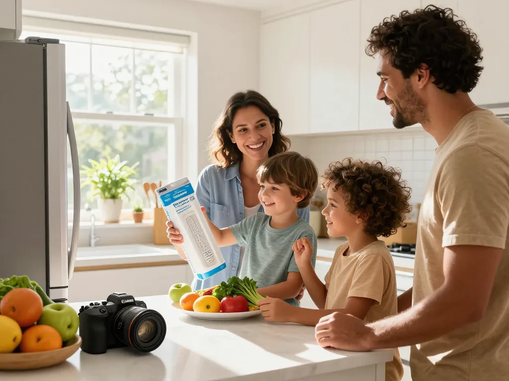 Waterdrop Replacement filter for Frigidaire® & Electrolux® EAFCBF® showcased in a modern kitchen with a family engaging joyfully.