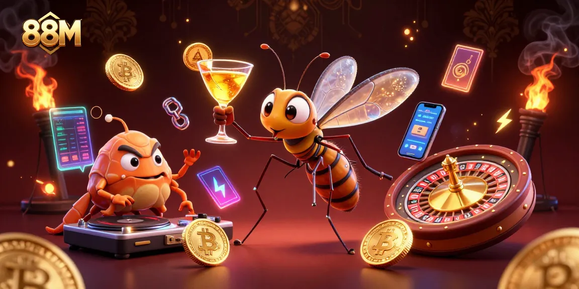 Engage with 88M's vibrant casino scene featuring exciting characters and crypto elements.