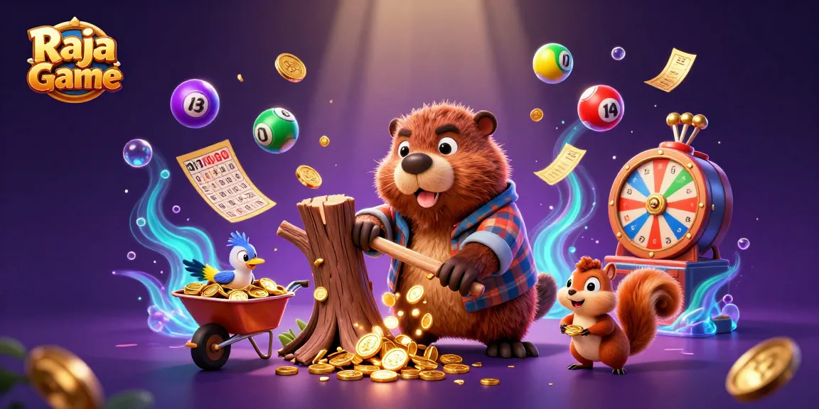 Engage with Raja Game as the beaver rains golden coins while a bird collects them amidst lively lottery elements.