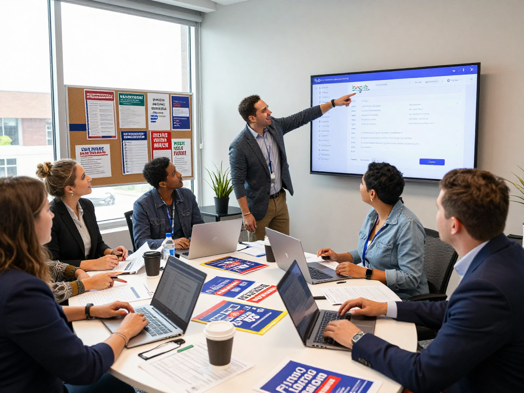 Campaign team collaborating on google ads for political campaigns strategy in vibrant office.