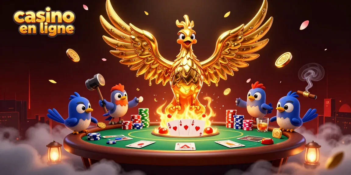 Plongez dans le monde du casino en ligne avec cette illustration dynamique de poker et un phénix doré.