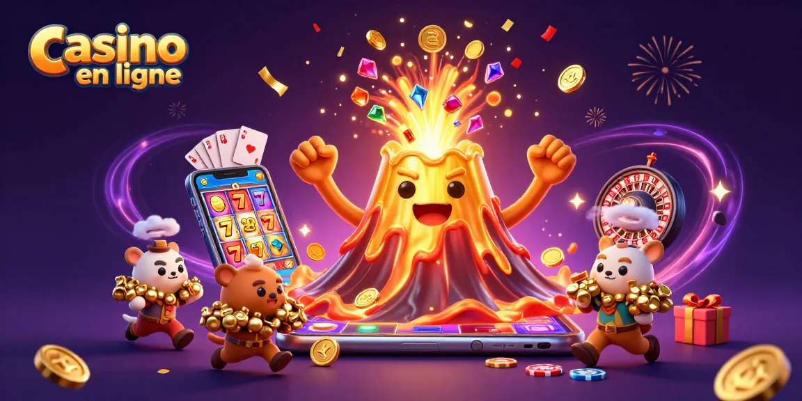 Illustration dynamique de casino en ligne avec un volcan doré et des animaux explorateurs fuyant des trésors.