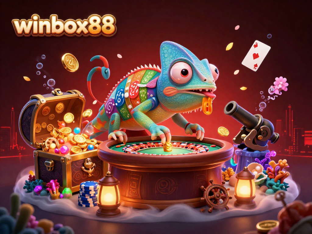 Experience excitement at winbox88 with a vibrant chameleon casino owner surrounded by gold coins and lively gaming elements.