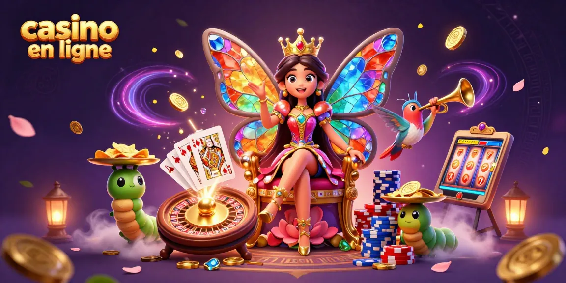 Jouer au casino en ligne avec l'illustration d'une reine papillon et des éléments de jeu scintillants.