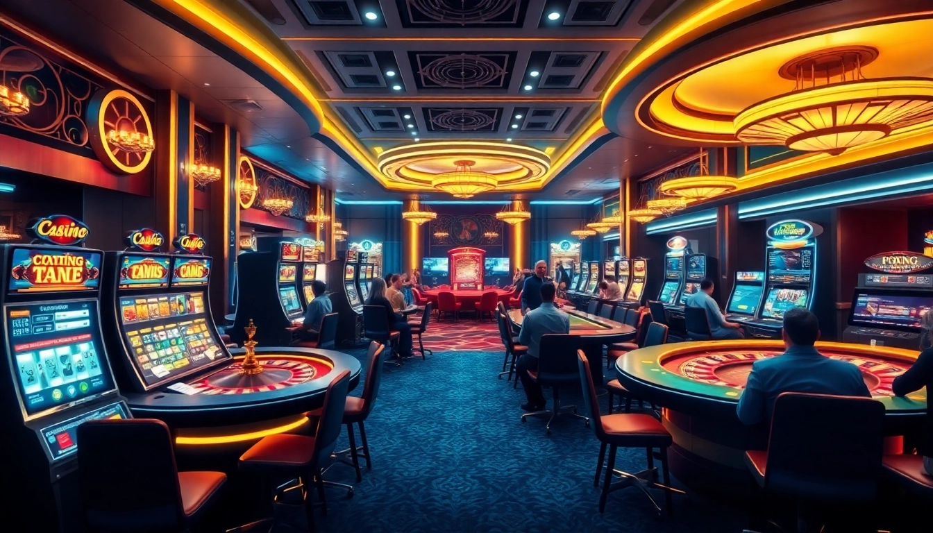 Des joueurs profitant de jeux dans un casino en ligne France fiable, avec des tables luxueuses et des machines à sous vibrantes.