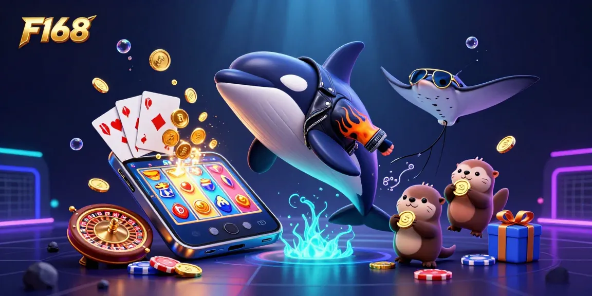 Experience the thrill of winning with F168's vibrant underwater casino scene featuring dynamic game elements and fun characters.