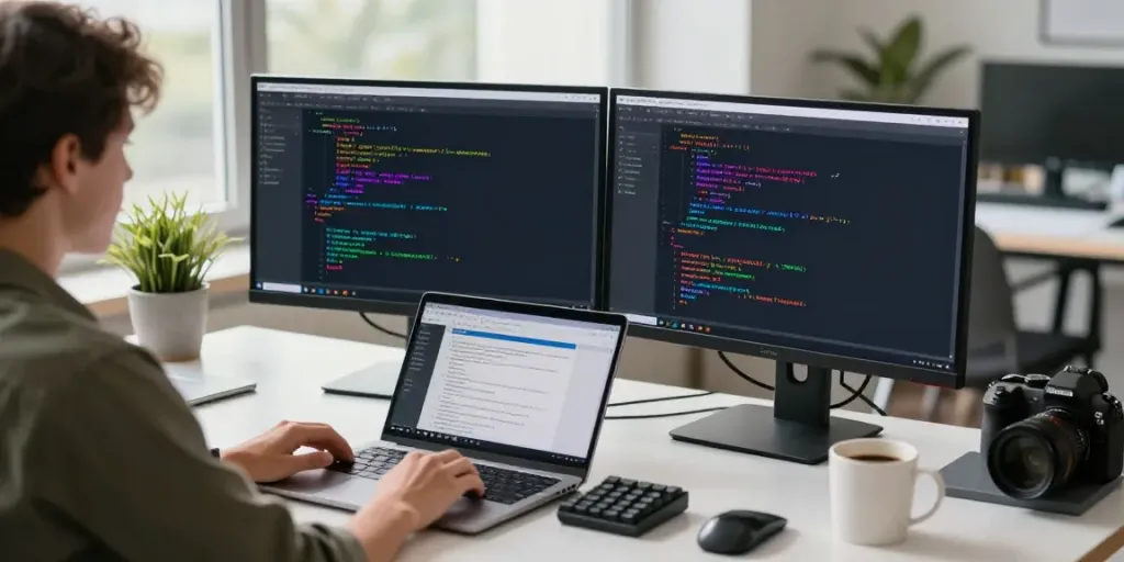 Tech workspace with Notepad++ coding setup showcasing productivity on https://notepad-app.co/.