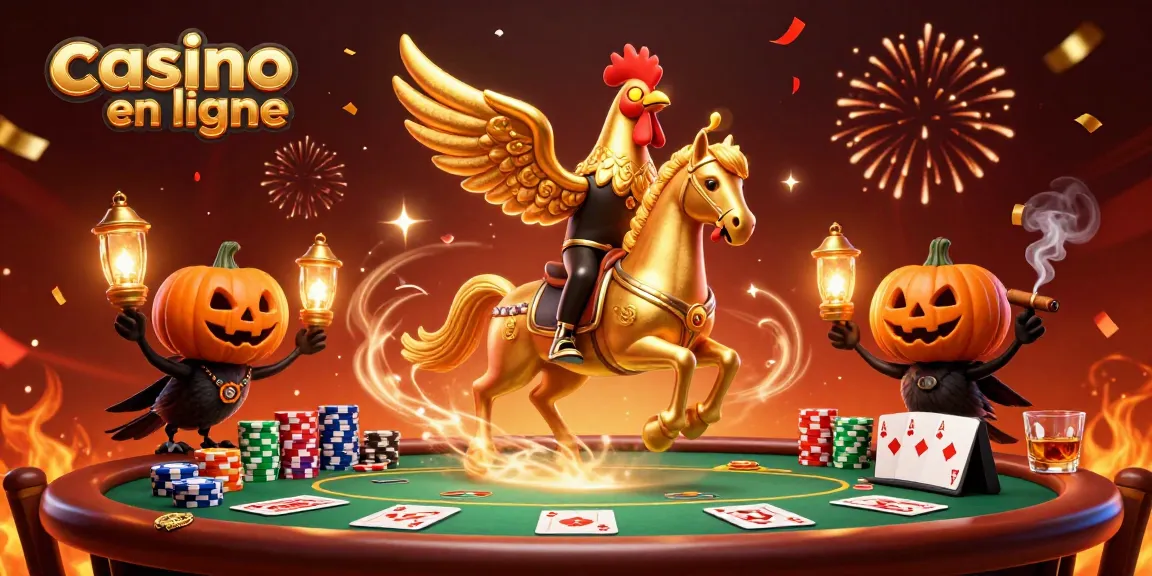 Illustration d'un casino en ligne vibrant avec un coq doré et des éléments de poker.