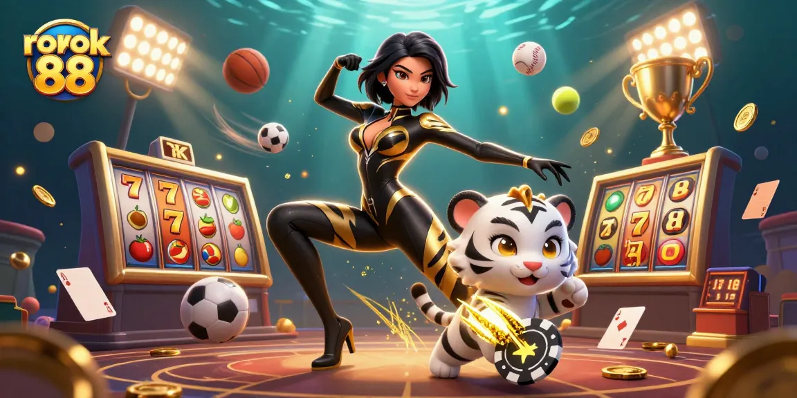 Engaging scene of rokok 88 with a woman in acrobatic pose, baby tiger, and slot game elements.