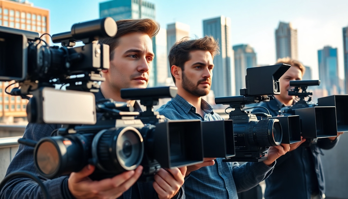 Creative video production edmonton team working with modern equipment in an urban setting.