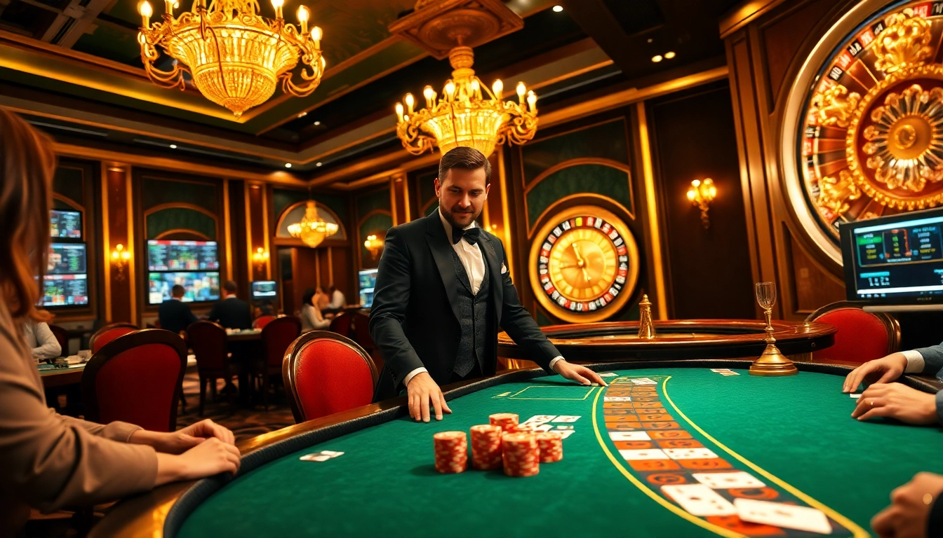 Une partie de poker palpitante au meilleure casino en ligne avec des joueurs concentrés et une atmosphère de casino vibrante.