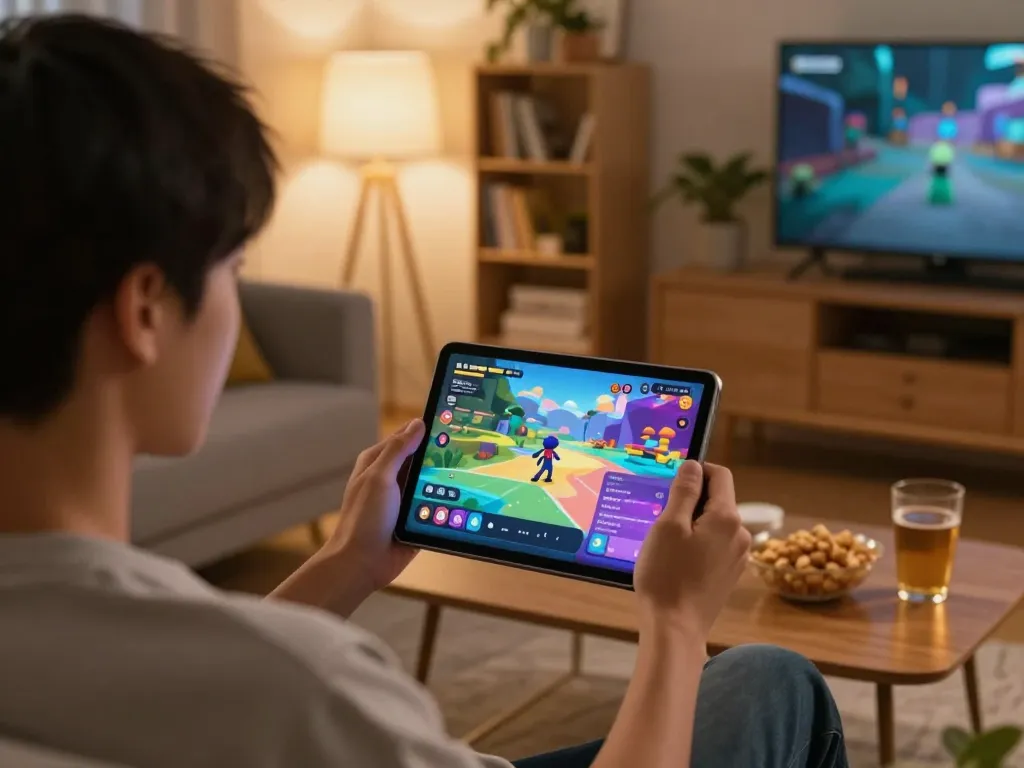 Engaging in NSFW games apk on a tablet in a cozy home setup, showcasing a vibrant game interface.