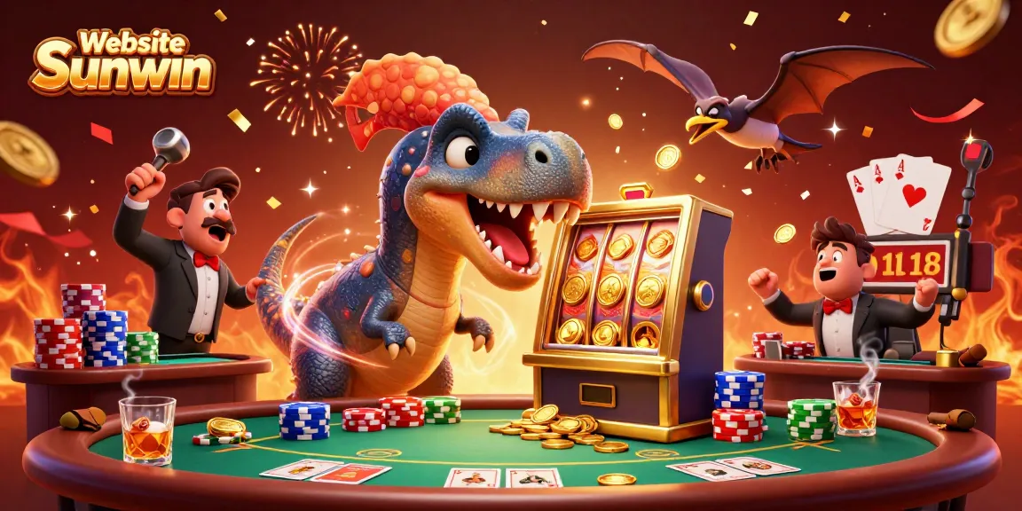 Website Sunwin features a pachycephalosaurus winning jackpot coins at a golden slot machine with casino elements.
