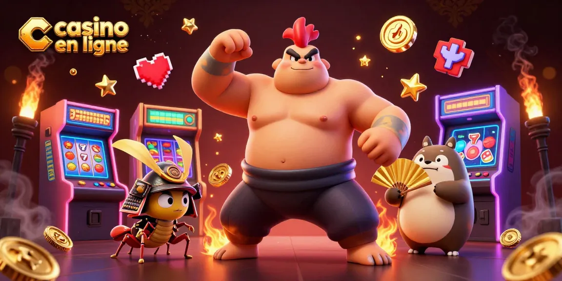 Visualisez une scène captivante de casino en ligne avec un sumo, un grillon et un tanuki entourés de machines à sous.