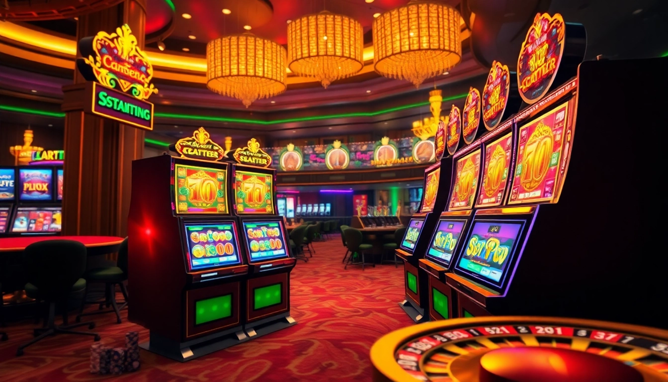 Experience the thrill of slot scatter hitam as players engage with vibrant slot machines and dynamic casino elements.