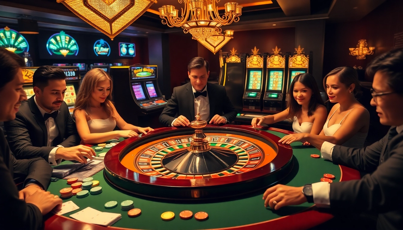 Atmosphère excitante de casino en ligne Français avec une table de roulette vibrante et des joueurs impatients.