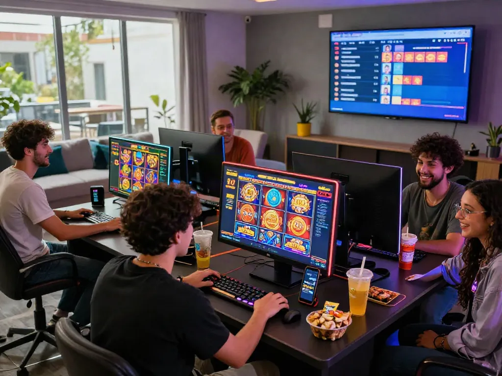 Exciting group of friends engaging with slot online games in vibrant virtual casino setting.