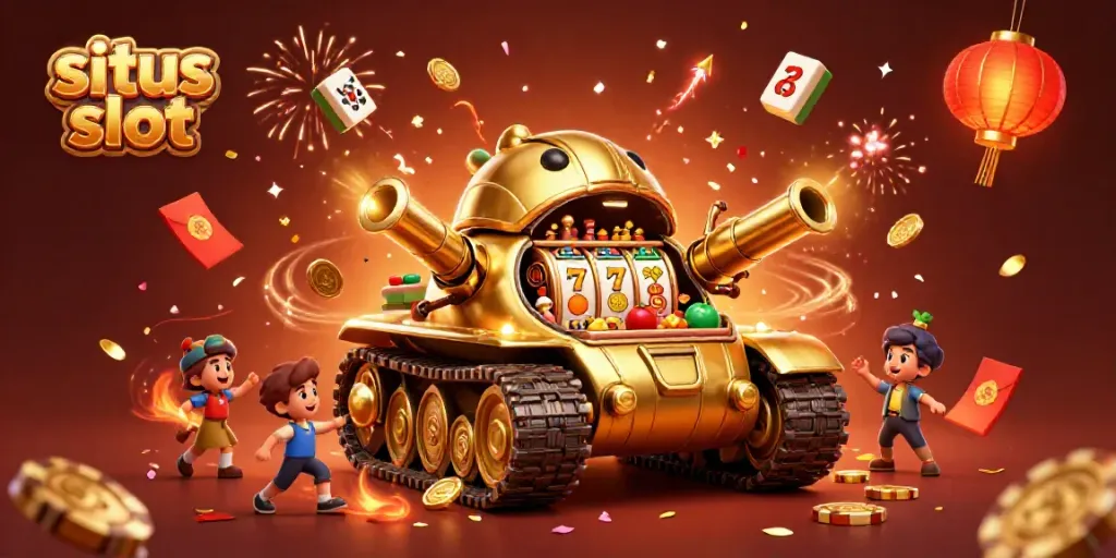Experience the thrill of situs slot with a dazzling 3D casino scene featuring a golden beetle tank and vibrant symbols.