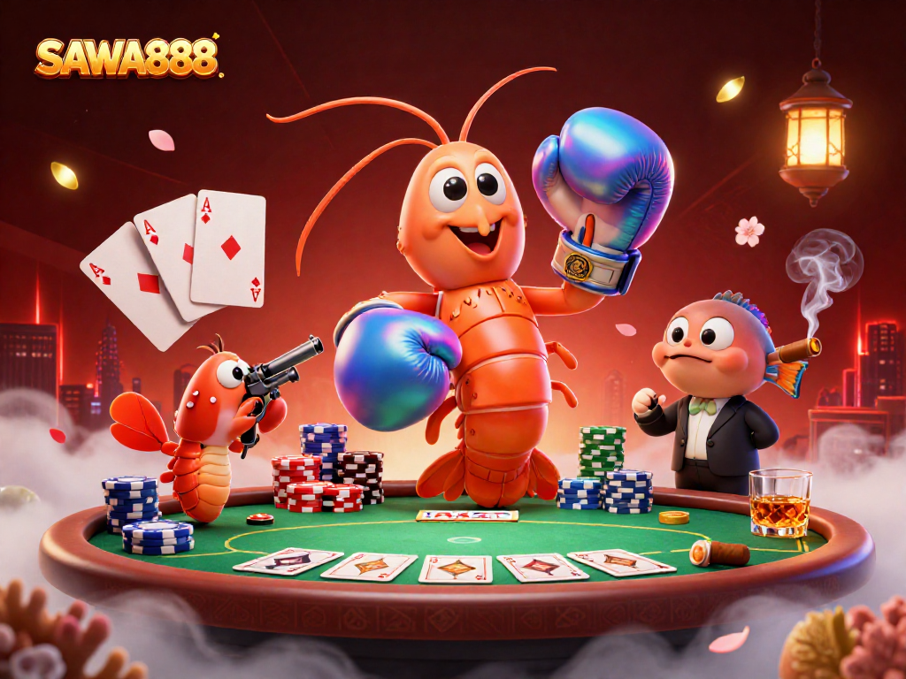 Experience SAWA888's vibrant casino scene with a dynamic mantis shrimp and poker action.