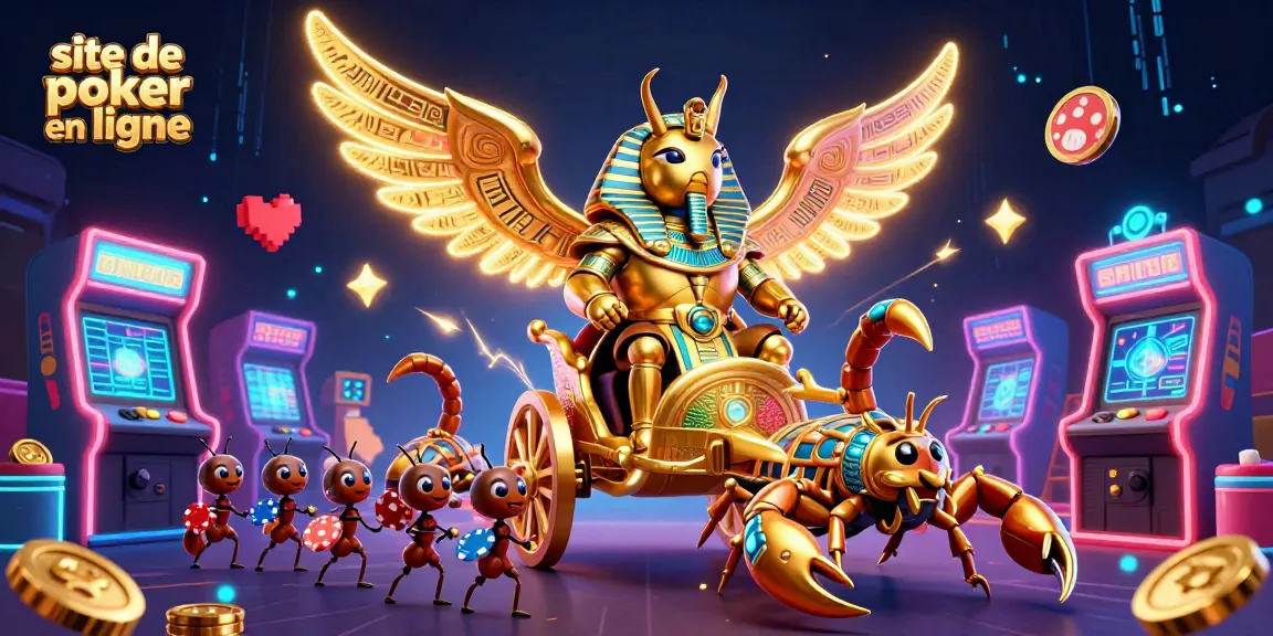 Jouez sur le site de poker en ligne avec des personnages animés autour de machines à sous et de jetons.