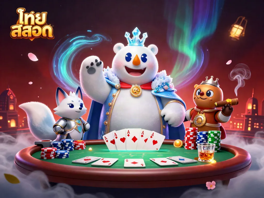 Play engaging ไทย สล็อต games with a vibrant scene featuring a polar bear king and fox, surrounded by poker elements.